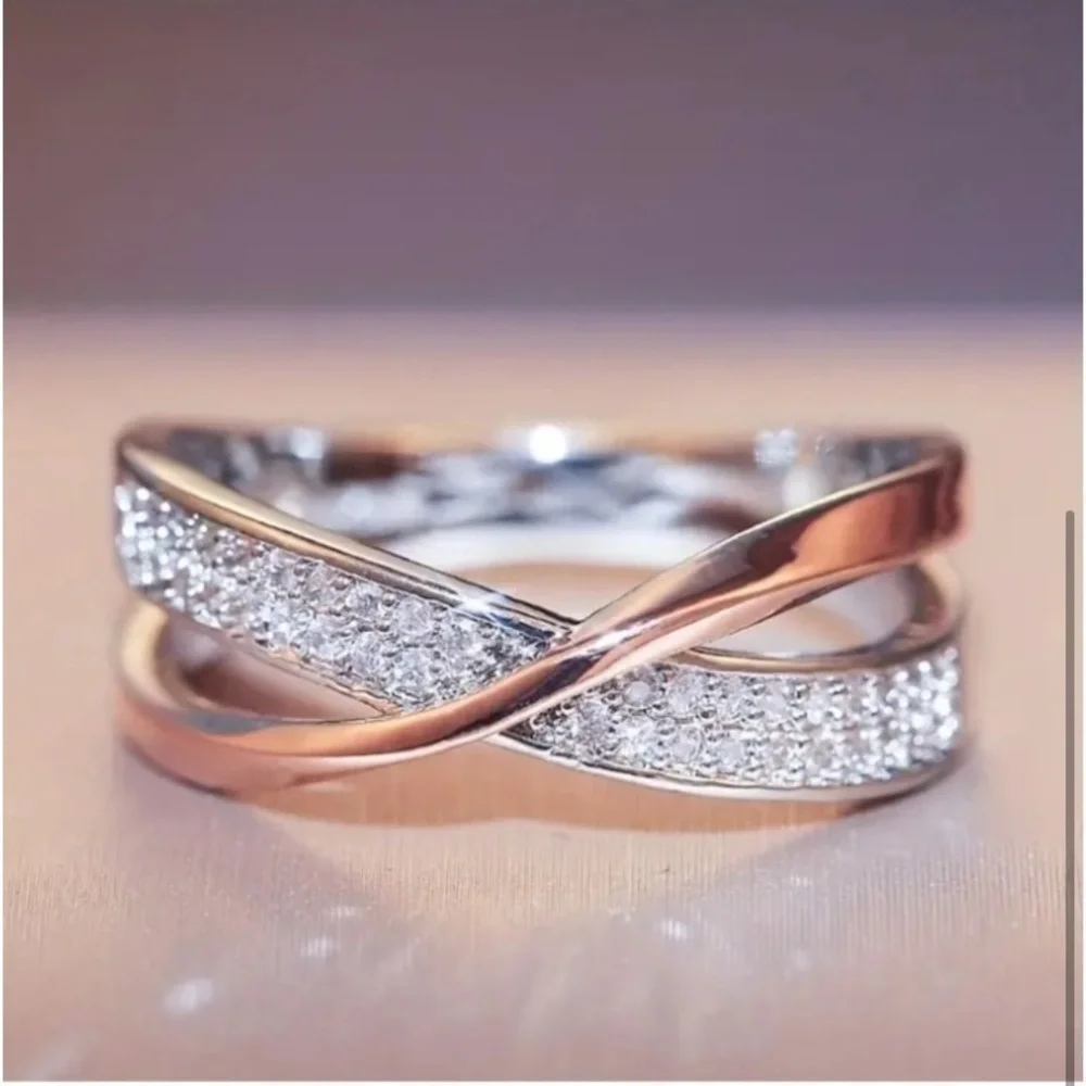 Silver & Rose Gold Diamond Crossover Ring